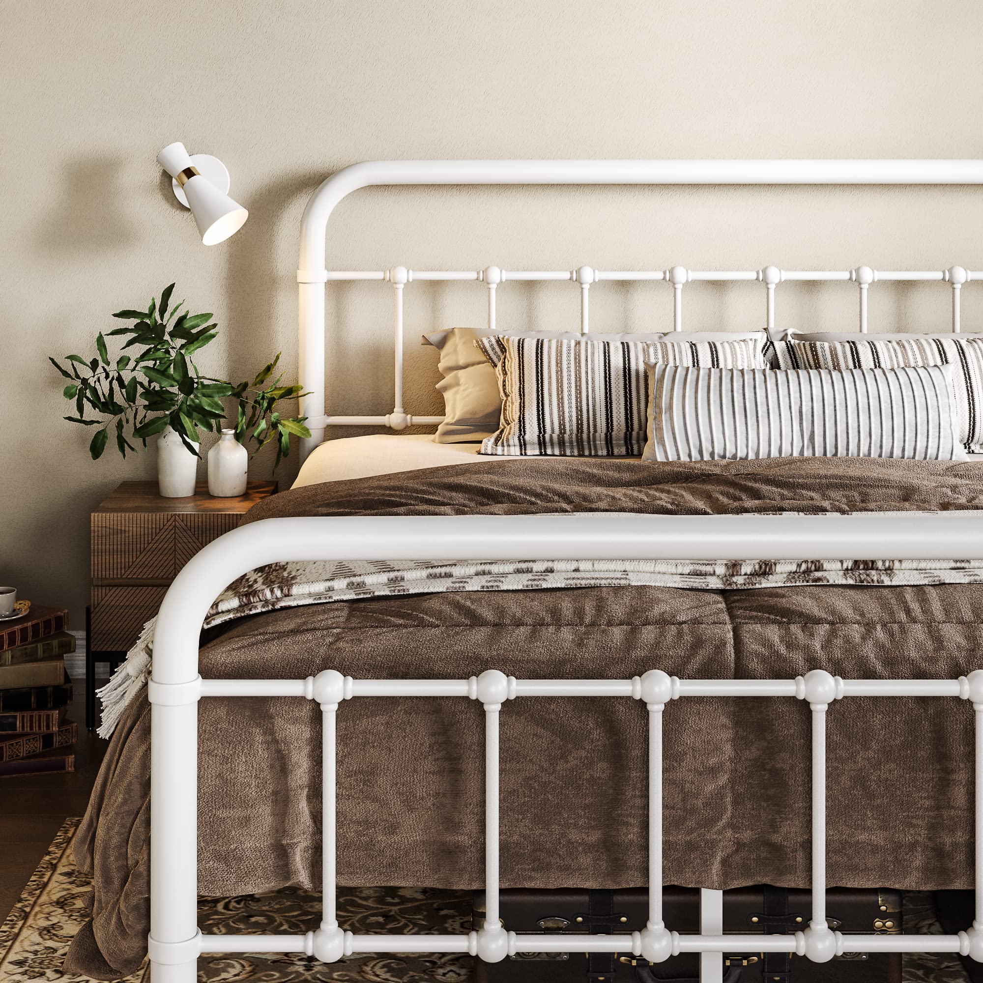 Allewie Queen Size Metal Platform Bed Frame with Victorian Style Wrought Iron-Art Headboard/Footboard, No Box Spring Required, White Image Allewie Queen Size Metal Platform Bed Frame with Victorian Style Wrought Iron-Art Headboard/Footboard, No Box Spring Required, White Image