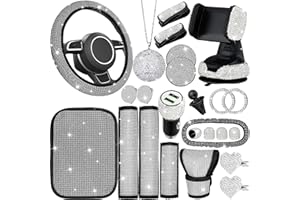 TALLEW 24 PCS Bling Car Accessories Set for Women Bling Steering Wheel Cover Dual USB Car Port Car Phone Mount Holder Rear View Mirror Cover Center Console Cover Rhinestone Seat Belt Pads for Car Decor
