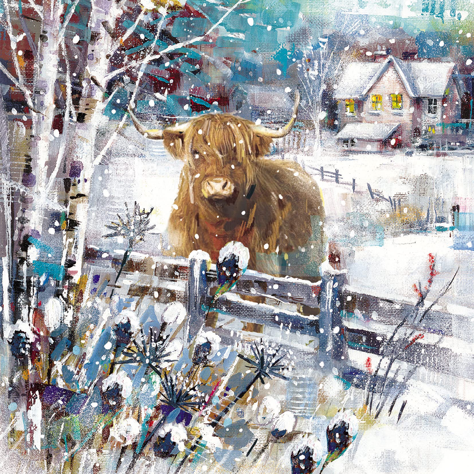 Ling Design Charity Christmas Cards Pack of 6 - Snowy Highland Cow Design - Festive Christmas Cards Multipack - In Aid of UK Charities