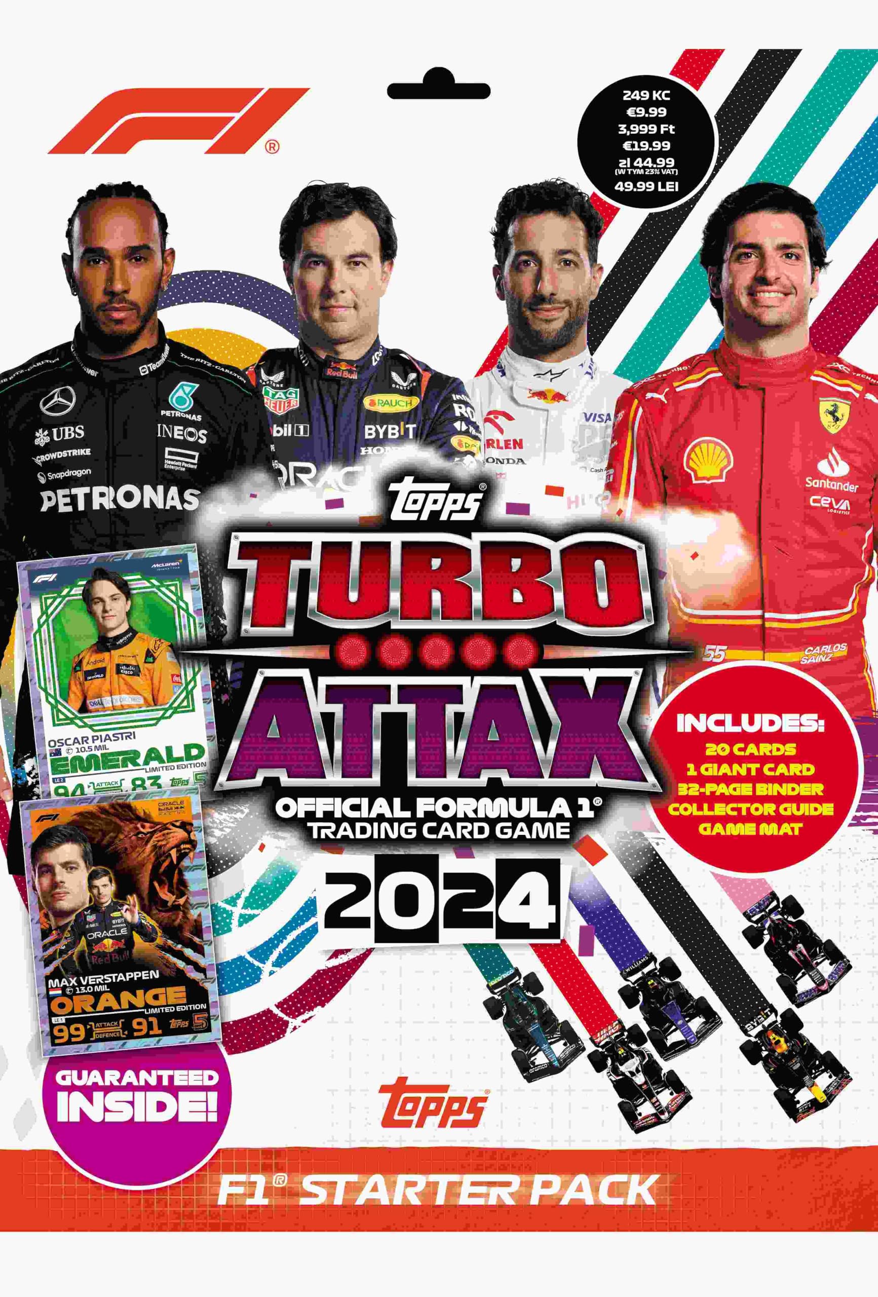 Topps Turbo Attax Formula 1 2024 - Starter Pack - contains 20 cards including a Verstappen Orange Dutch Lion LE and a Piastri Emerald LE card.
