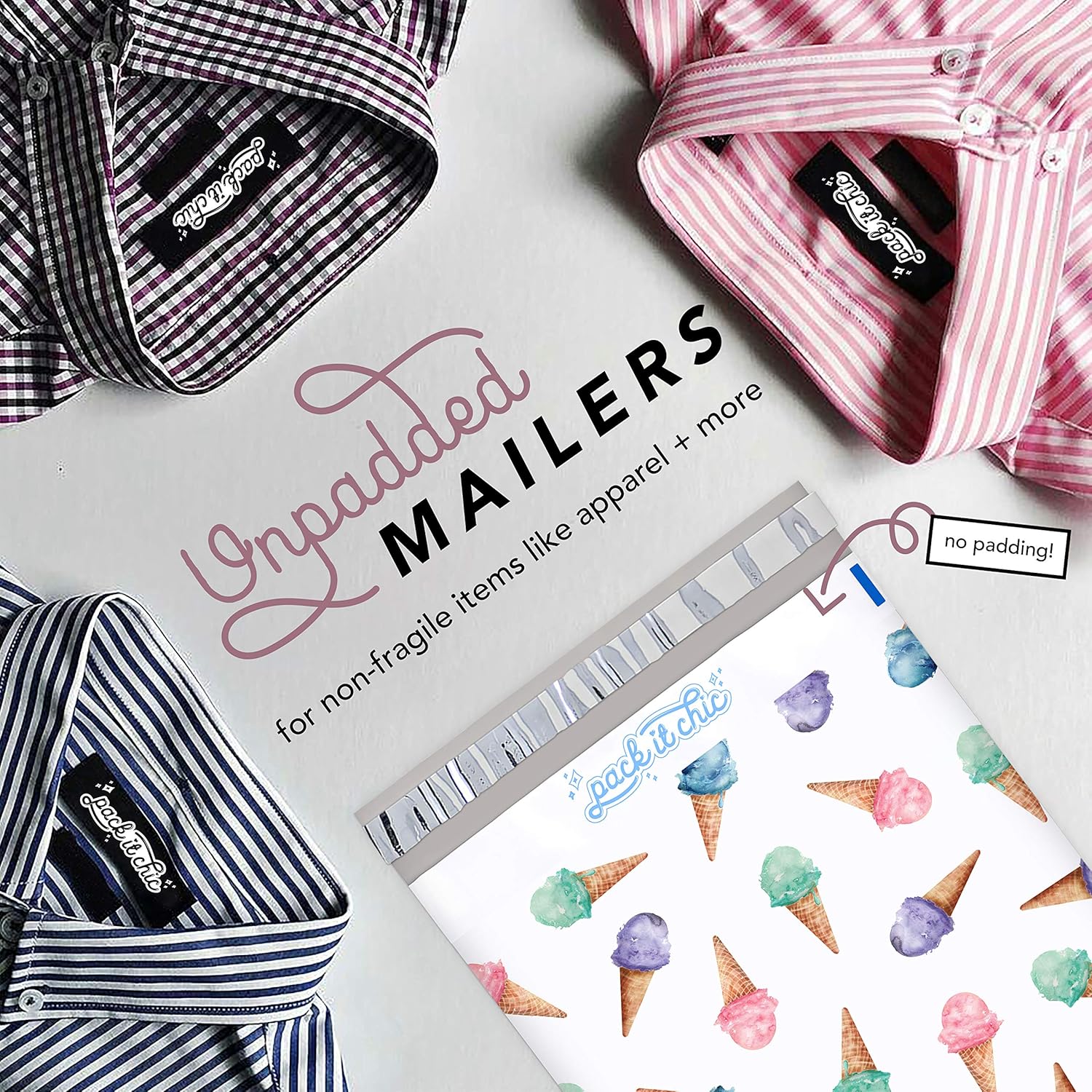 Pack It Chic - 10X13 (100 Pack) Ice Cream Pattern Poly Mailer Envelope Plastic Custom Mailing & Shipping Bags - Self Seal (More Designs Available) : Office Products