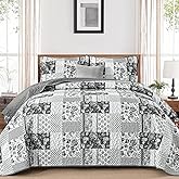 WONGS BEDDING Grey Quilt Set King Size，Grey Patchwork Plaid Printed Bedspread Coverlet Set，3 Pieces Soft Microfiber Boho Bedding Set (104"×90")