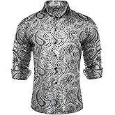 DiBanGu Mens Paisley Dress Shirt Luxury Printed Long Sleeve Button Down Shirts Regular Fit Shiny Shirts for Wedding Prom