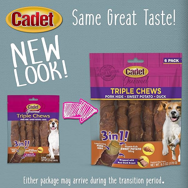 CADET GOURMET TRIPLE CHEWS PORK HIDE, SWEET POTATO, & DUCK DOG TREATS – HEALTHY DOG TREATS FOR SMALL & LARGE DOGS – INSPECTED & TESTED IN USA (6 COUNT)