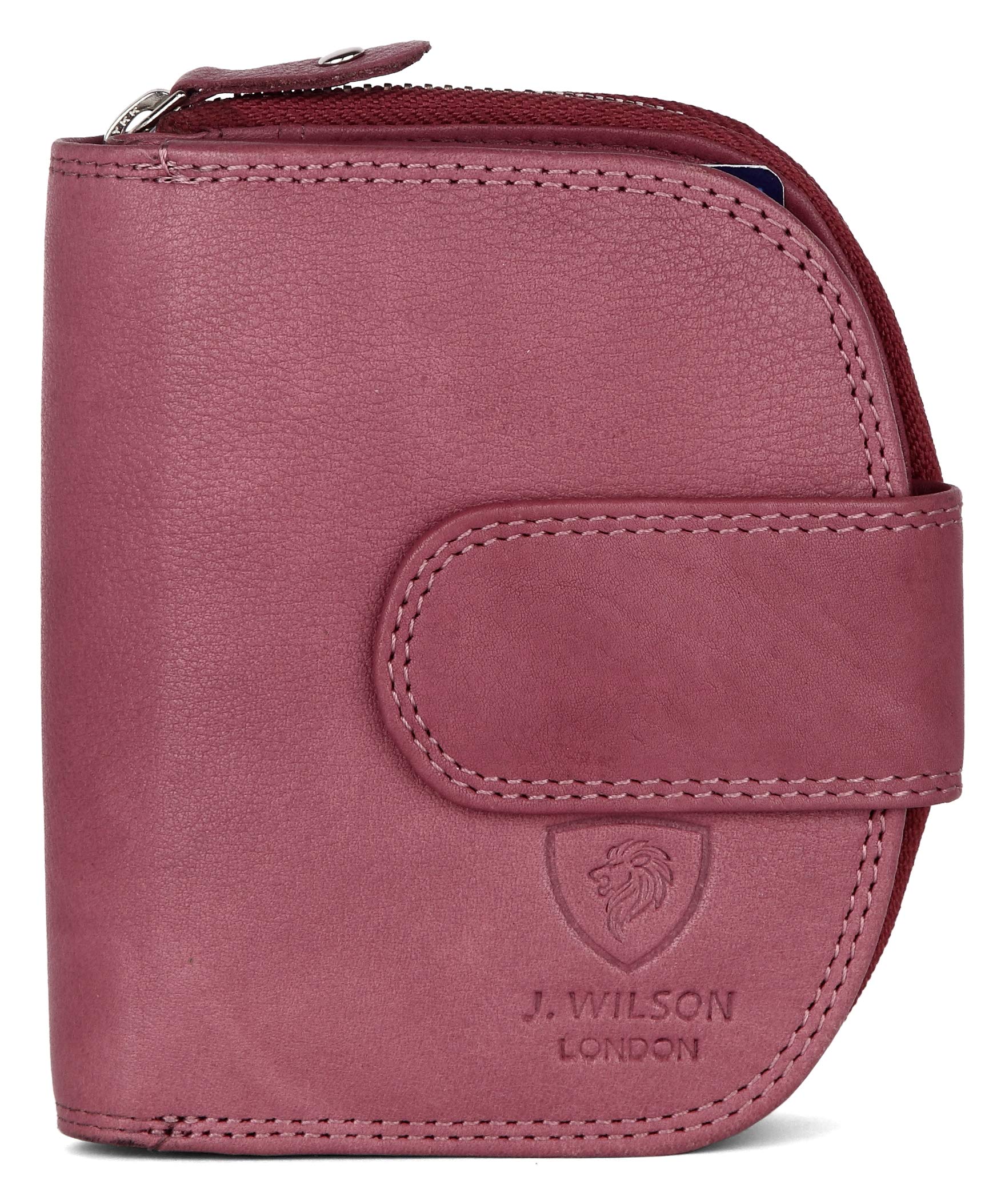 J. Wilson London Ladies RFID Safe Designer Leather Purse Card Women Wallet Zip Pocket Boxed Maroon