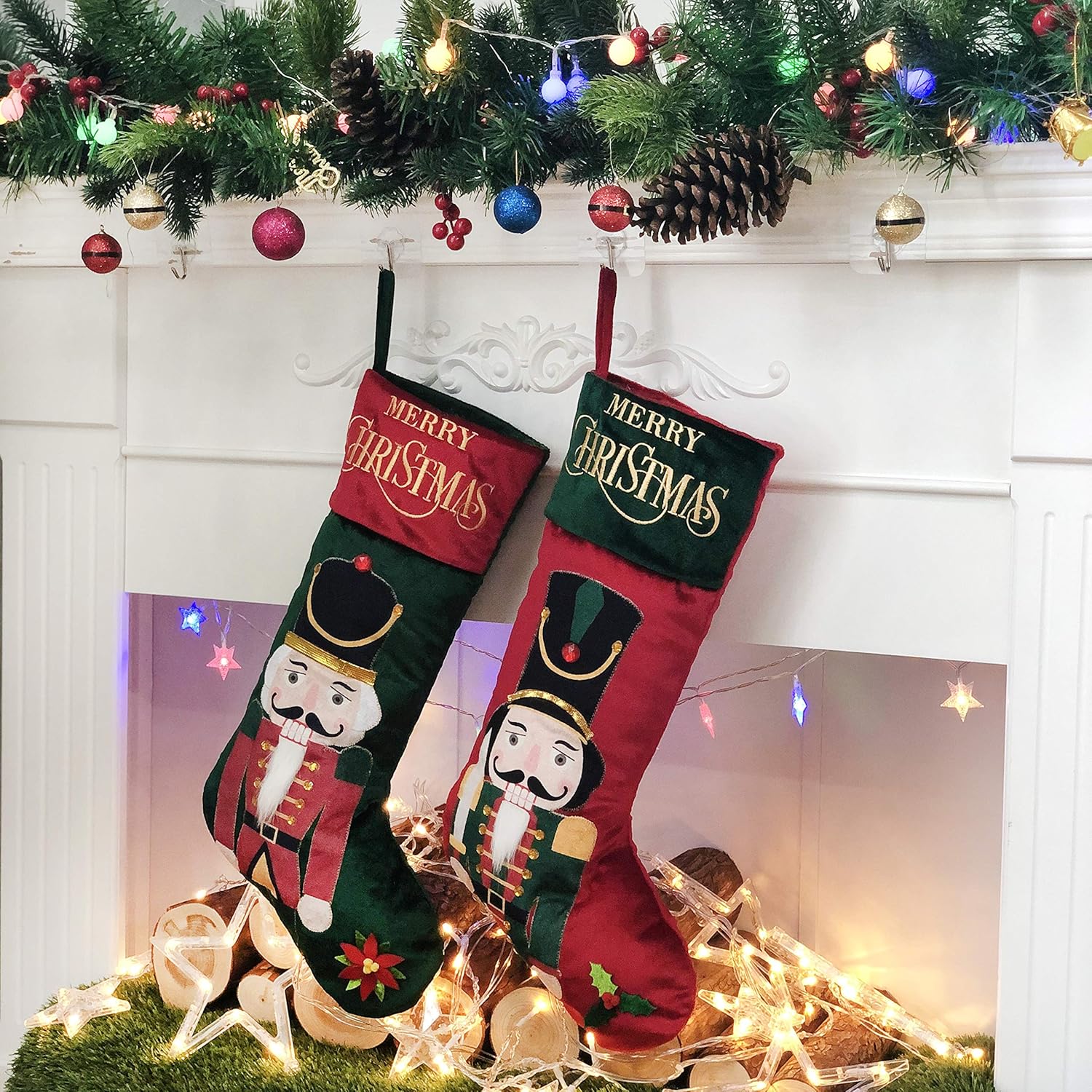 Nutcrackers - Athoinsu 2 Pack Nutcracker Christmas Stockings Set of 2 General Fireplace Xmas Tree King Hanging Ornaments Holiday Party Favor Great Gift for Toddler Boys Girls, 22''