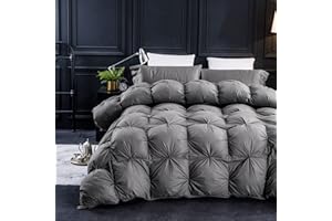 Three Geese Pinch Pleat Feathers Down Comforter Queen Size Duvet Insert,750+ Fill Power,1200TC 100% Cotton Fabric,All Seasons Premium Grey Down Comforter with 8 Tabs.