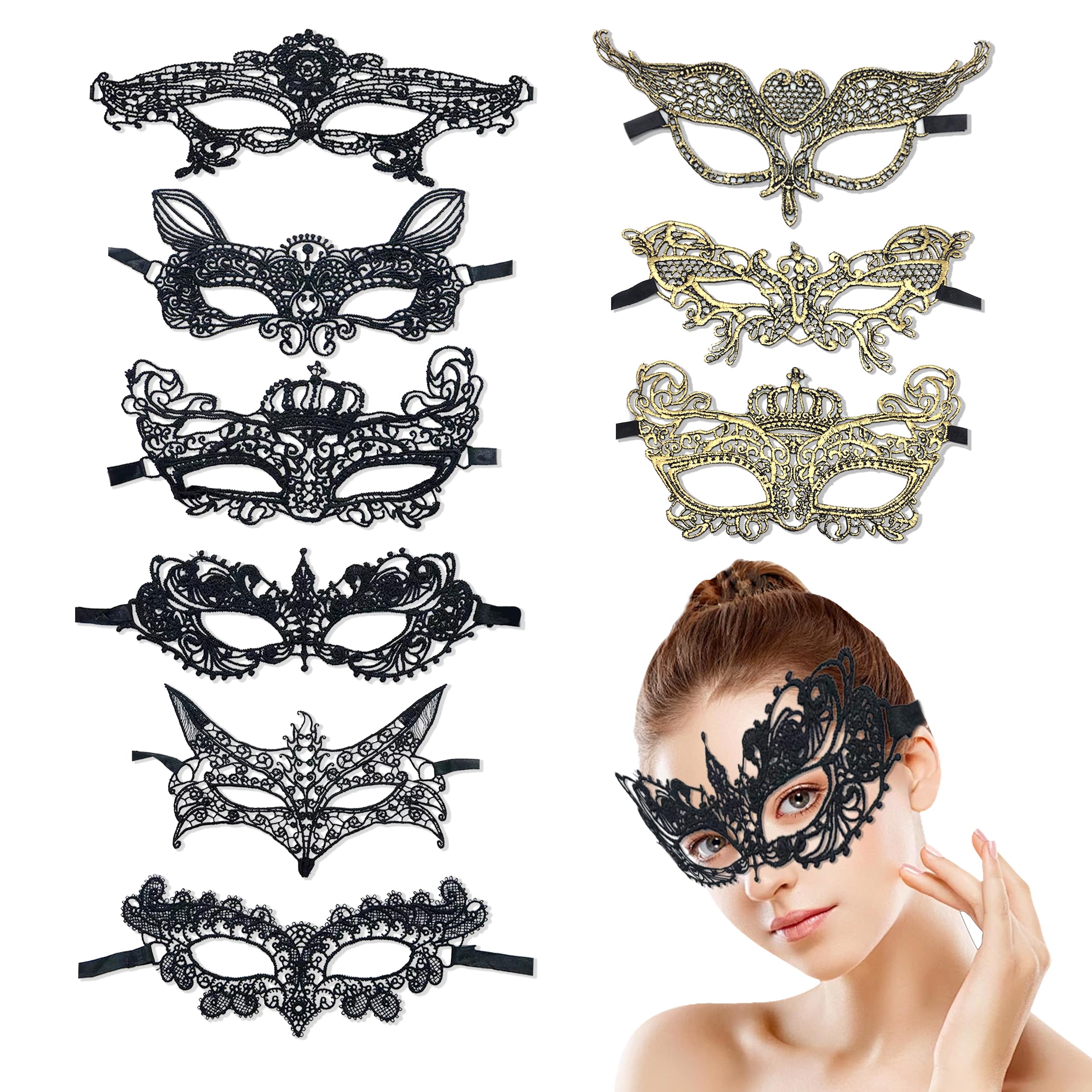 Piacolnic 9 Pcs Lace Masquerade Masks, Mysterious Mardi Gras Lace Eye Masks, Venetian Party Masks for Women