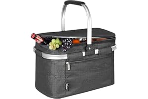 Tirrinia Large Insulated Picnic Basket, 34L Water Resistant & Leakproof Collapsible Portable Cooler Basket Set with Aluminium Handle for Travel,Foldable Grocery Bag, Black