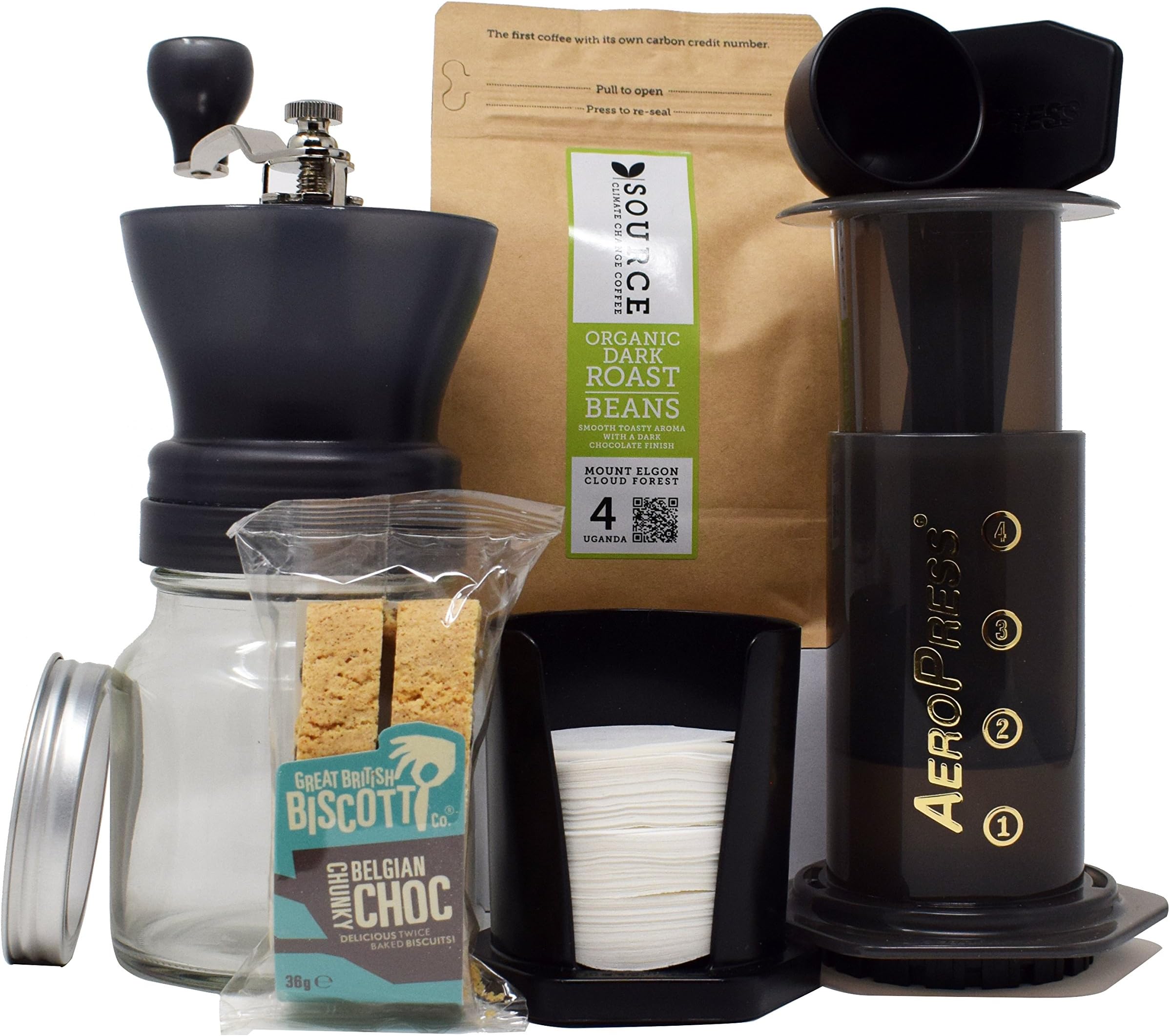 Discover Coffee Gift Set - Source Uganda Whole Bean Coffee (227g), Grunwerg Grinder, Aeropress Kit & Biscotti
