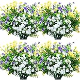 WILLBOND 36 Bundles Artificial Flowers Outdoor, UV Resistant Faux Artificial Plants Shrubs Flower Bulk for Hanging Planter Porch Window Home Wedding Spring Summer Decor (Yellow,Purple,White)