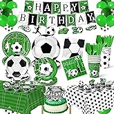 232 Pcs Soccer Party Decorations - Serves 30 with Plates and Napkins, Cups, Forks, Birthday Banner, Swirls, Cake Toppers, Balloons, Tablecloths, Forks, Knives for Soccer Birthday Party Supplies