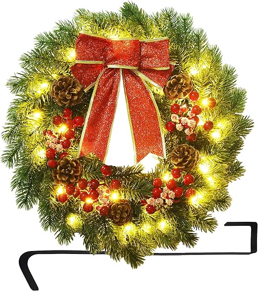 ATDAWN 16 Inch Christmas Wreath, Outdoor Lighted Christmas
