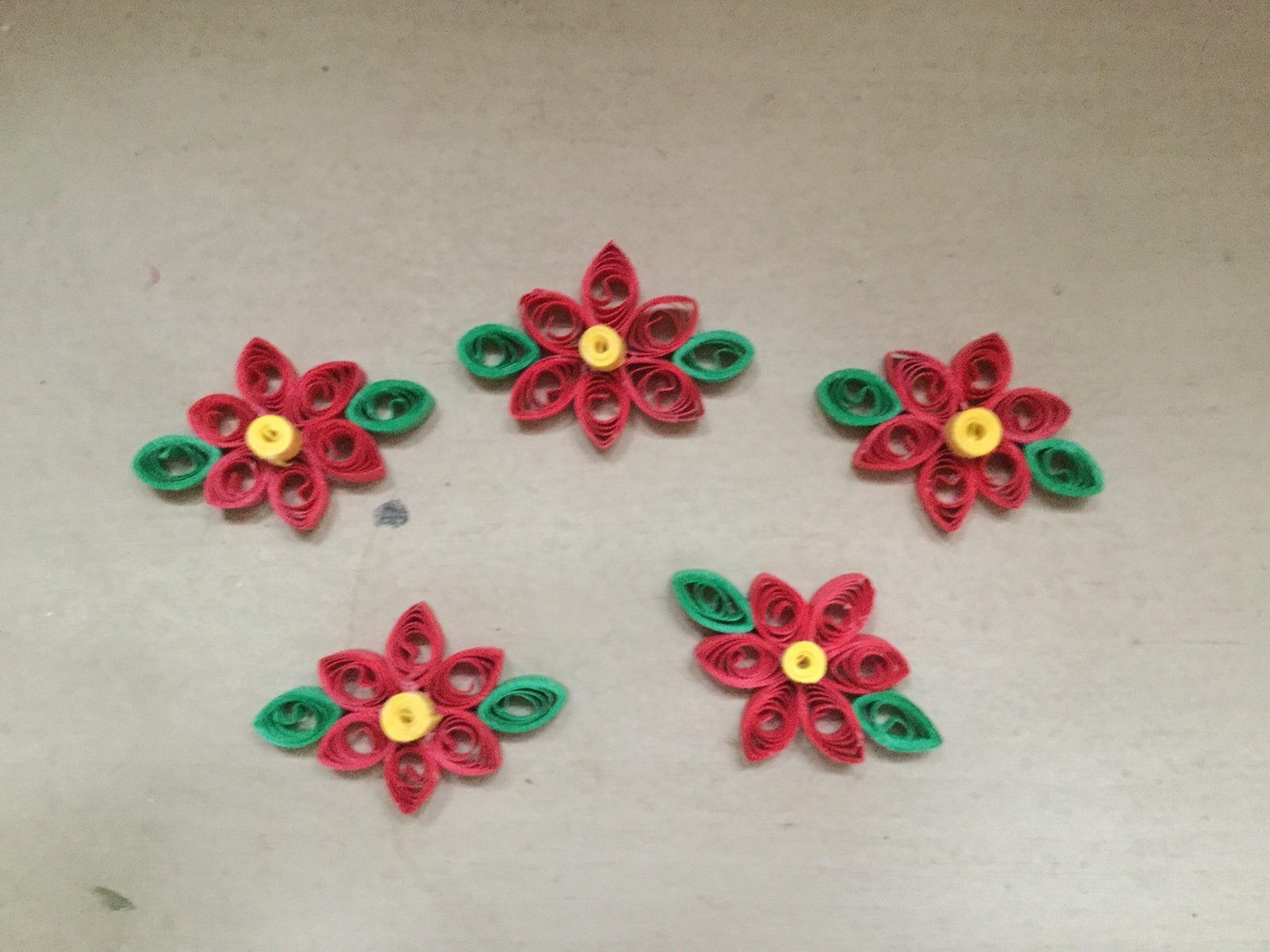Set of 5 Quilled Mini Poinsettia Flowers for Christmas Decor, Wrapping, Tree Trimming