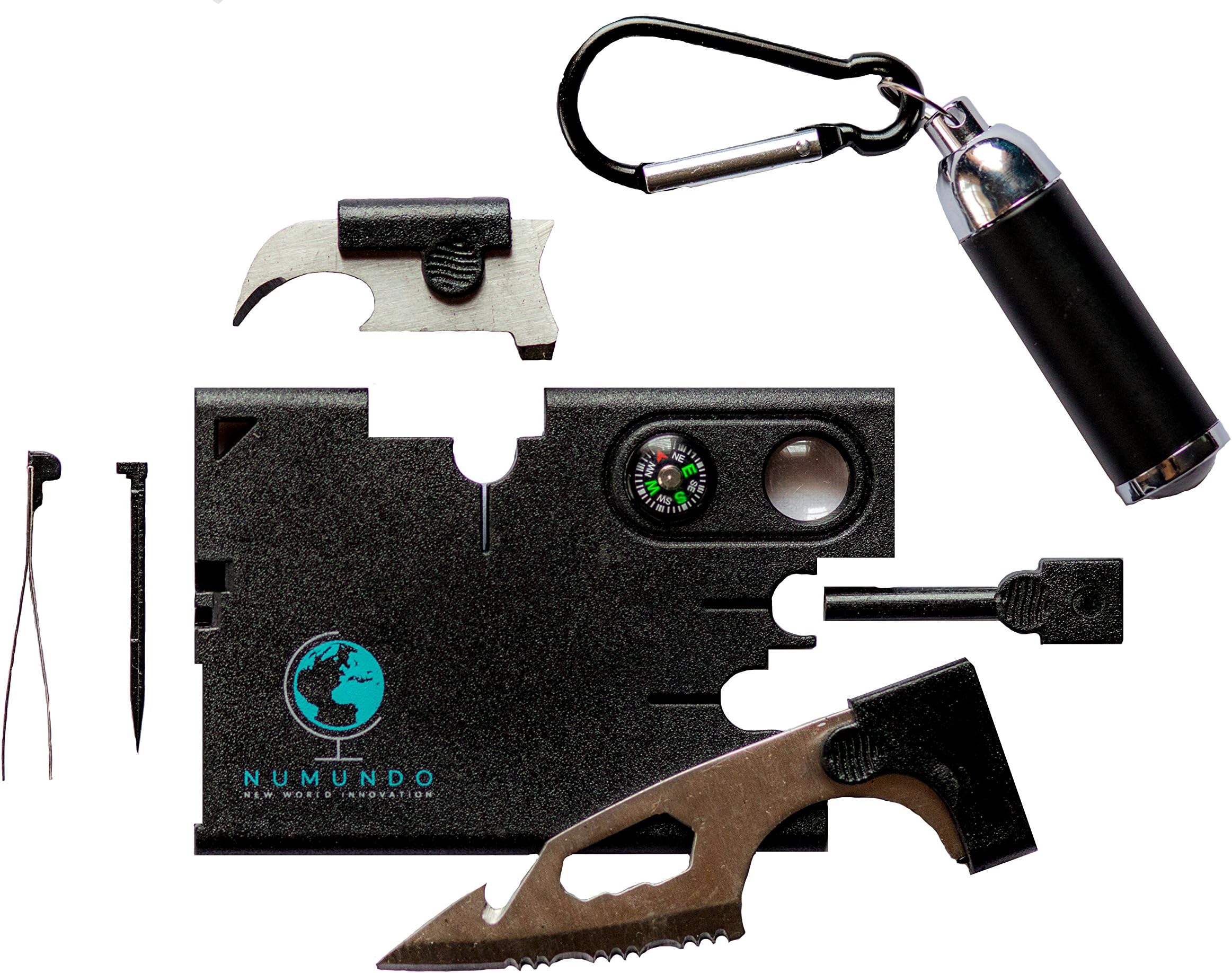 NuMundo 12-in-1 Tactical Credit Card Multitool Knife with FREE Compact LED Flashlight! - Ultra Pocket Tool Kit, Convenient Wallet Size Pack, Black - Great for Home, Office, Outdoors and more!