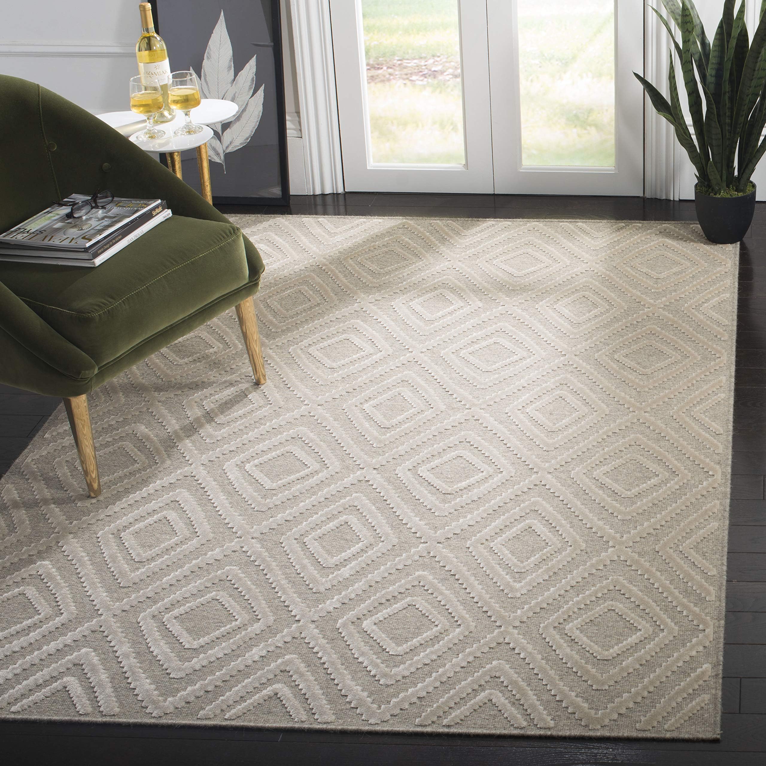 SafaviehGeometric Rug for Living Room, Dining Room, Bedroom - Lana Collection, Short Pile, in Cream and Beige, 152 X 229 cm