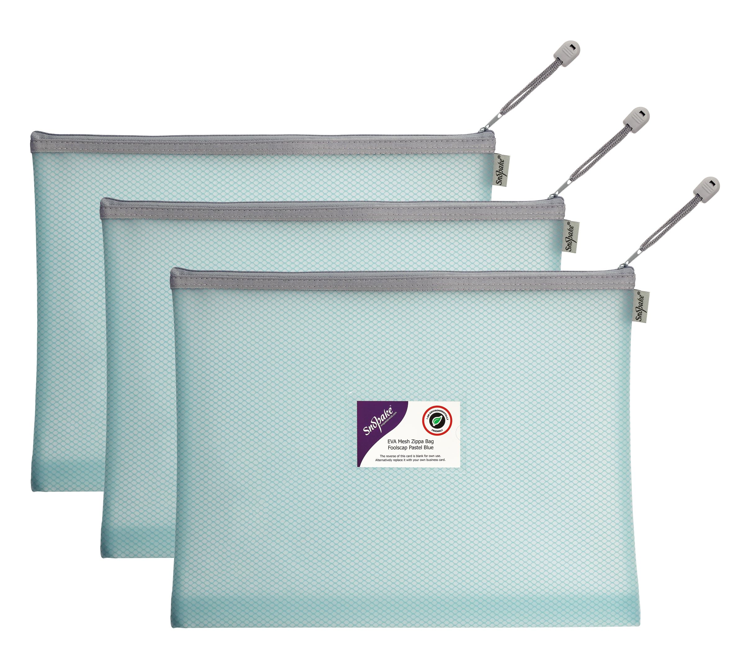 Snopake Foolscap High Capacity Pastel Blue EVA Mesh Zippa-Bag [Pack of 3] 360 x 275mm – Heavy Duty Bag with Hanging Loop and Business Card Holder [15904]