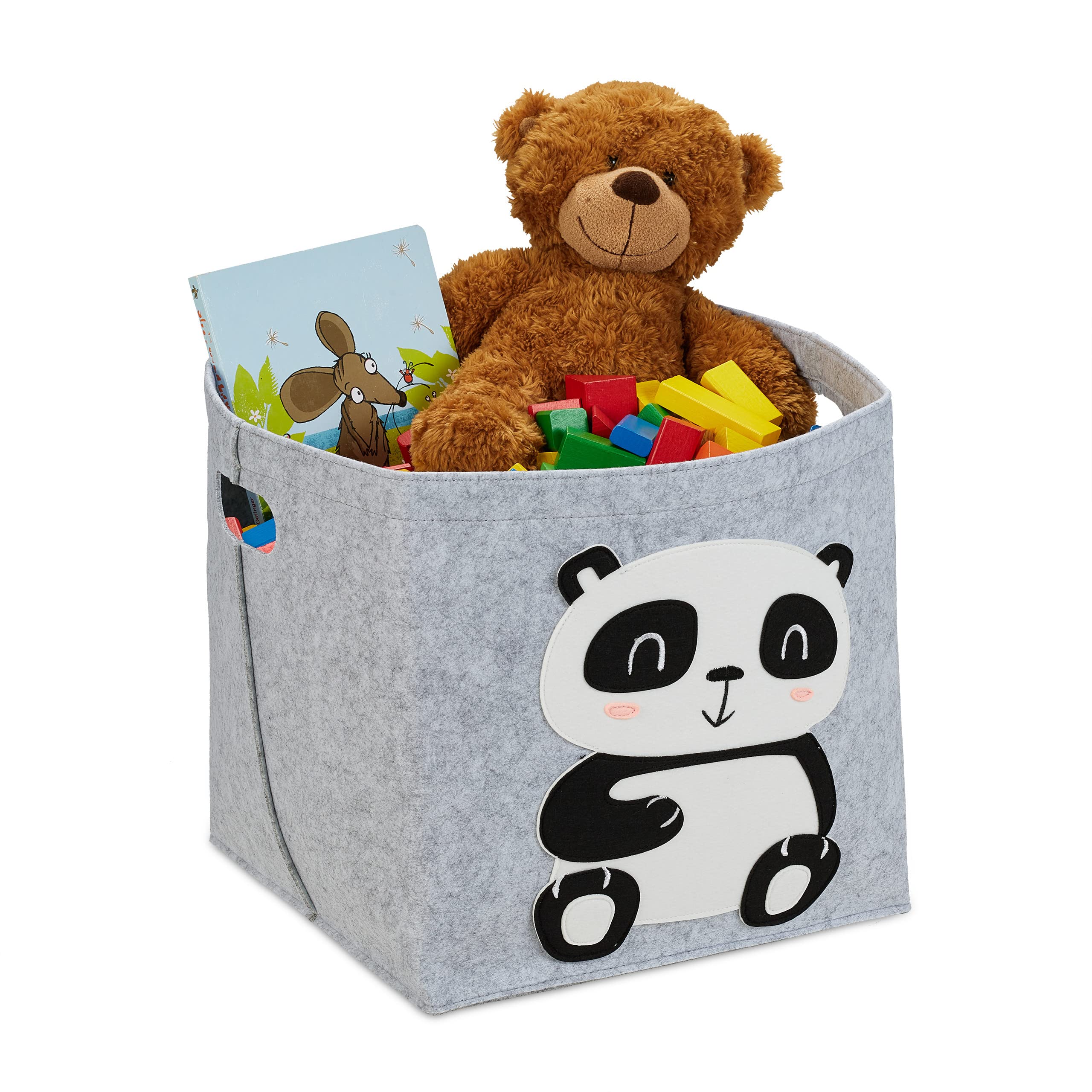 Relaxdays Felt Storage Basket, Animal Motif, Children, Foldable, HxWxD: 33 x 34 x 32 cm, Toys, Panda Print, Grey, 33x34x32 cm