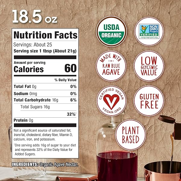 ORGANIC AGAVE IN THE RAW LIGHT AGAVE NECTAR, 18.5 OZ., MADE WITH BLUE AGAVE FROM MEXICO, USDA ORGANIC, NON-GMO PROJECT VERIFIED, KOSHER VEGAN AND LOW GLYCEMIC INDEX