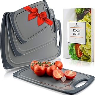 Exitoso® Das Original I Set Innovatives Schneidebrett I rutschfest mit Saftrille und Griff I Spülmaschinenfest I Antibakteriell I grau schwarz Kunststoff Frühstücksbretter (3er)