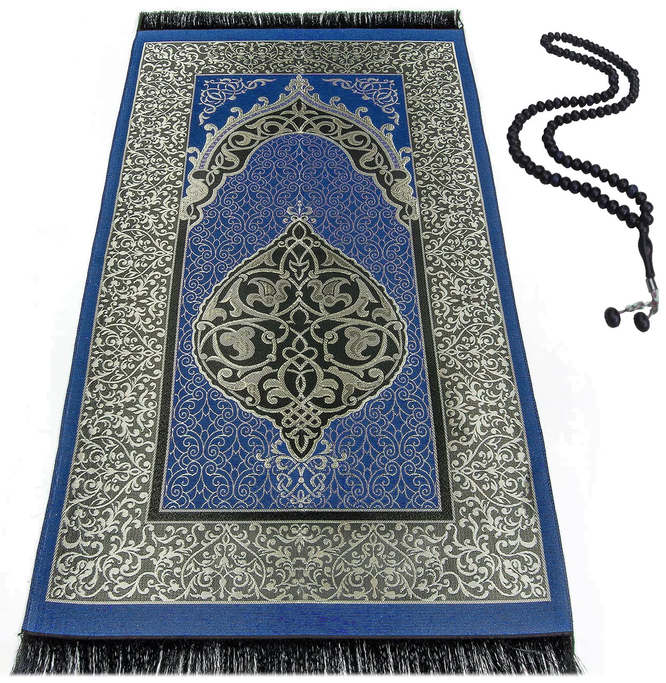 BAYKUL Muslim Prayer Rug,Islamic Turkish Prayer Rugs,Great Ramadan Gifts,Prayer Mat for Women and Men,Islam Carpet,Portable Muslims Mats,Praying Rugs Islam with Beads,Gift Prayer Beads 99 (D.Blue)