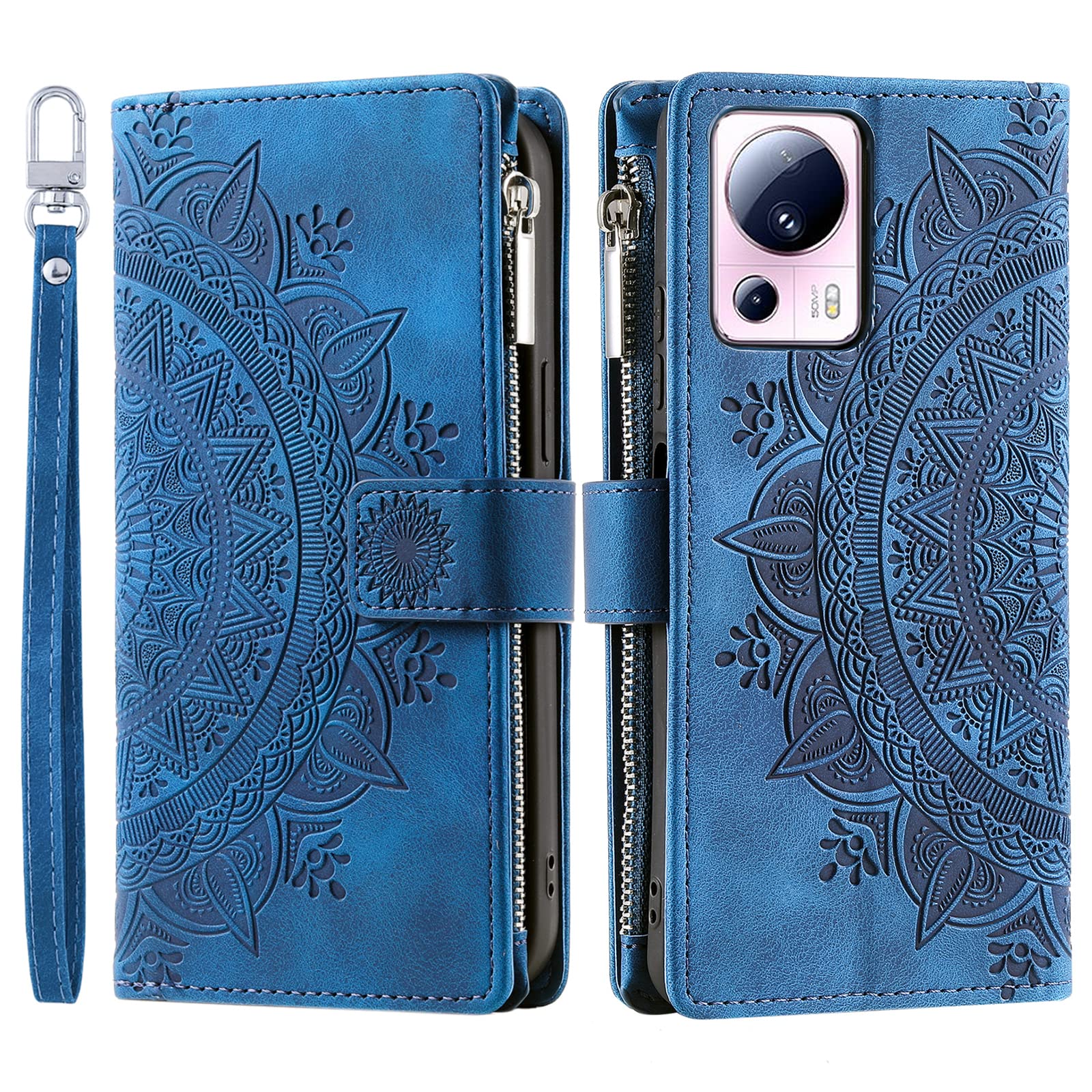 VEEMOS Wallet Case for Xiaomi 13 Lite Flower Flip Case Protective Leather Folio Book Phone Cover with Card Slots Kickstand Zipper Pocket - Blue