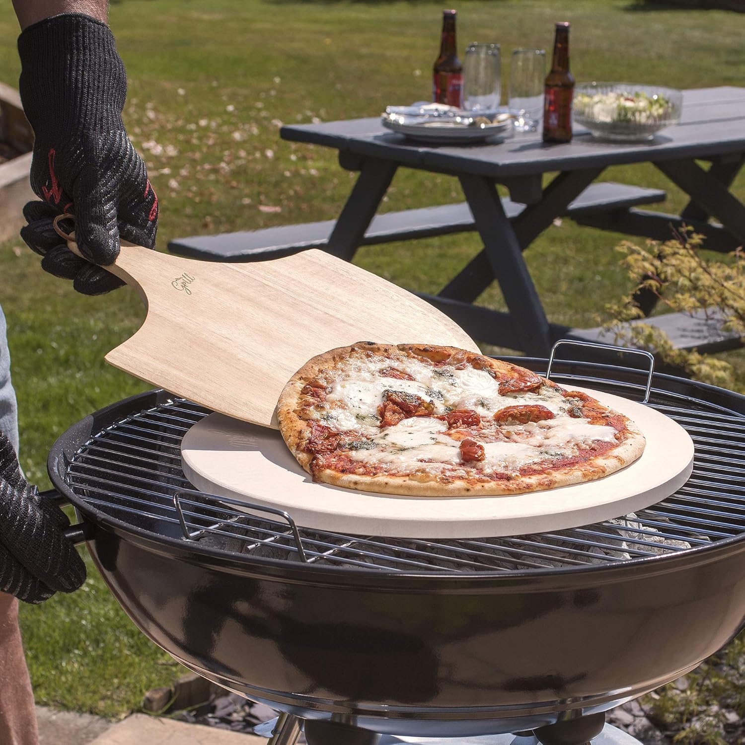 Hans Grill Pizza Stone for Oven and Grill/BBQ Cook Pizzas in Seconds 15" Circular Board with Free Wooden Pizza Peel X Large 15 Inches Easy Handle Baking | Bake Grill, for Pies, Pastry Bread, Calzone : Garden & Outdoor