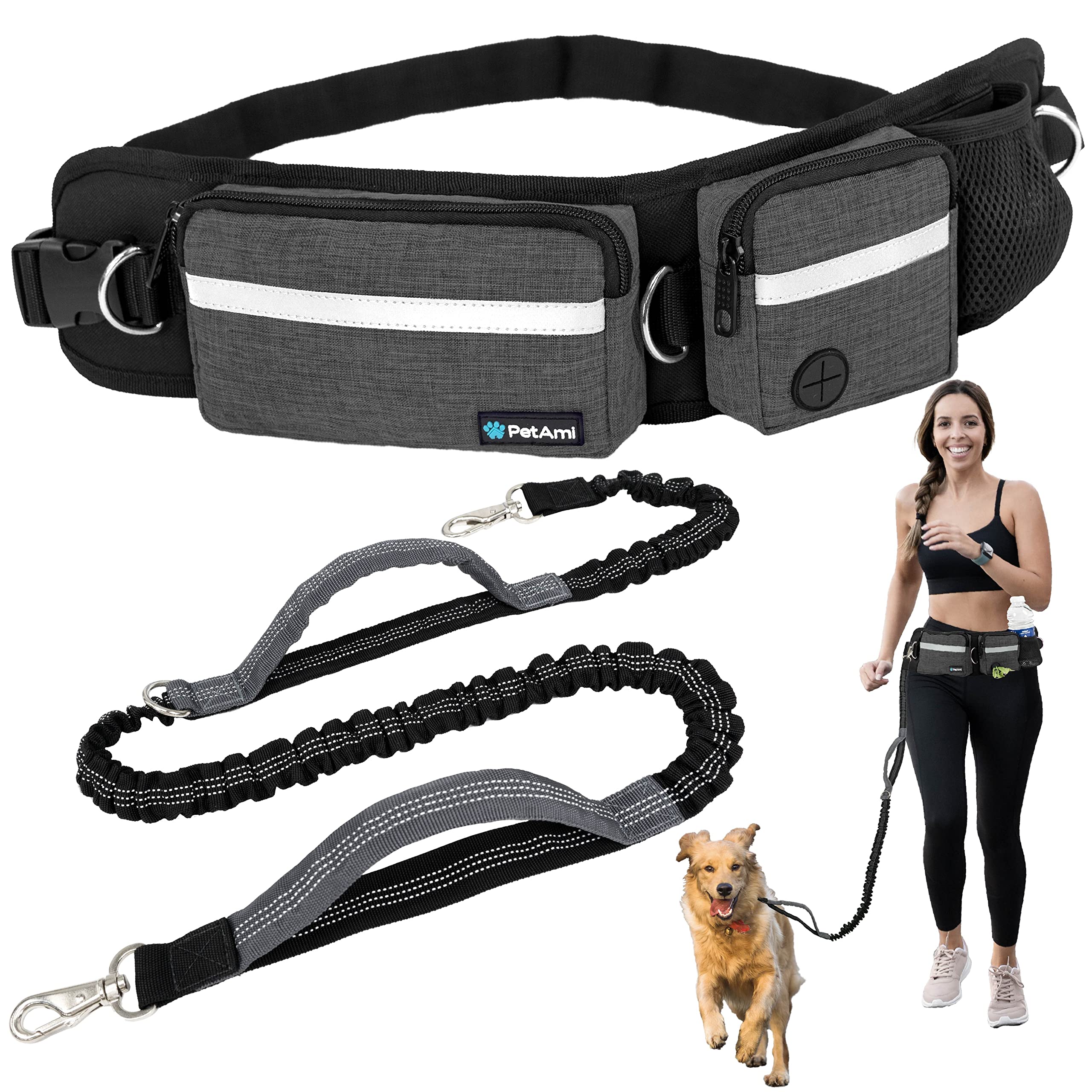 Photo 1 of PetAmi Hands Free Dog Leash, Dog Running Leash Belt Bag for Walking, Jogging, Dog Waist Double Zipper Pouch with Poop Bag Dispenser, Dual Padded Handles Reflective Bungee Leash, Single (Charcoal Grey)