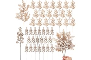 Cindeer 80 Pcs Champagne Gold Christmas Glitter Berries Stems Pine Needles Christmas Artificial Picks Fake Floral Twig Spray for Xmas Tree Ornaments DIY Wreath Garland Decorations