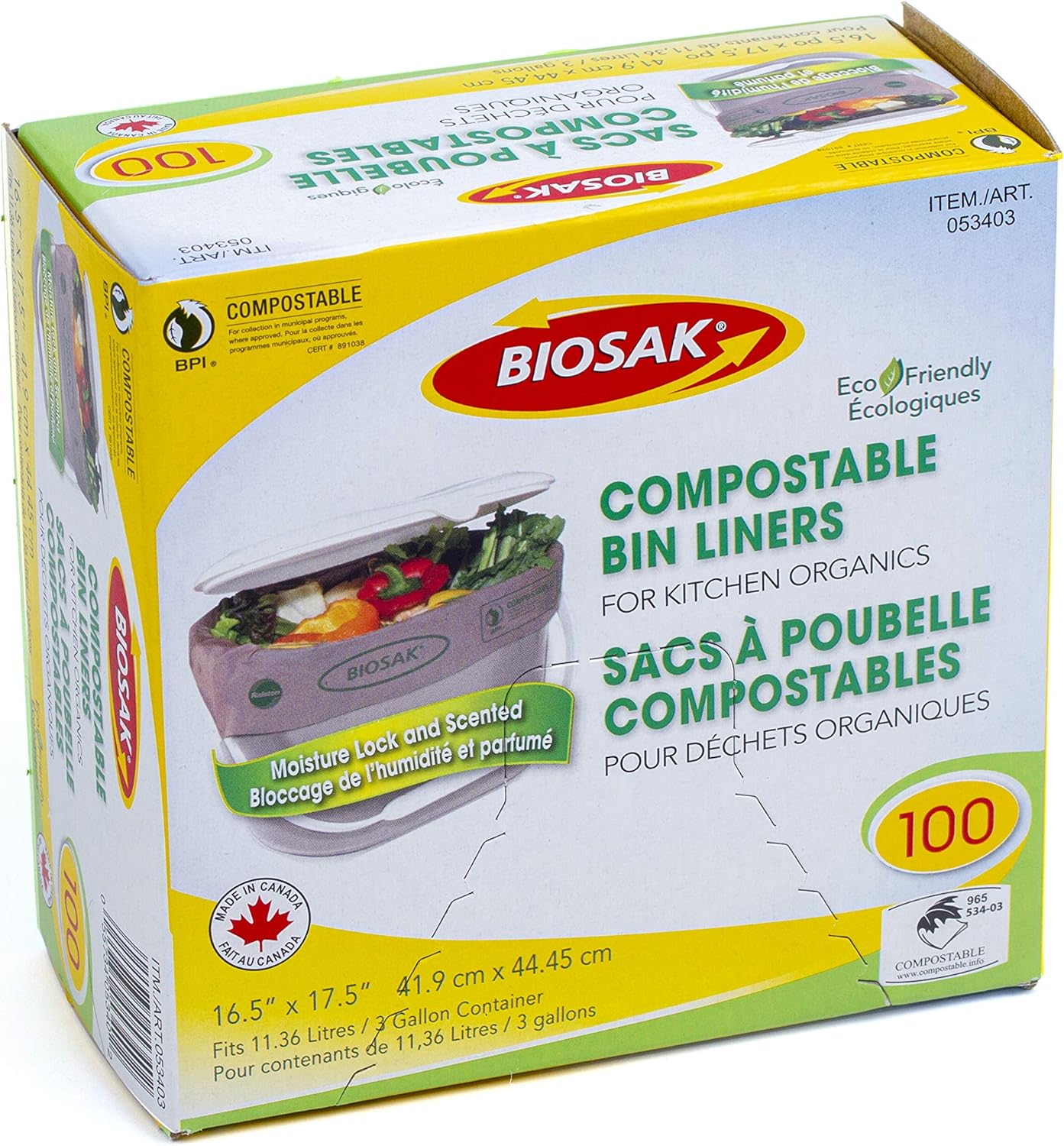 Biosak 100 Compostable Trash Bags for Kitchen Organics, 3 Gallon, 11.3