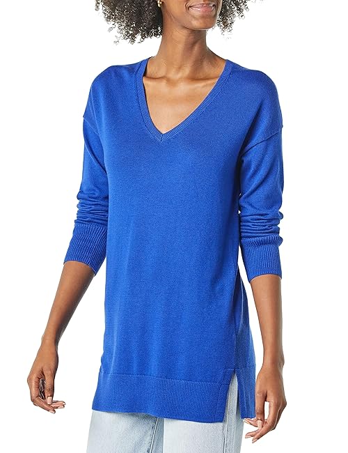 Amazon Essentials Women's Lightweight Long-Sleeve V-Neck Tunic Sweater (Available in Plus Size), Bright Blue, X-Small
