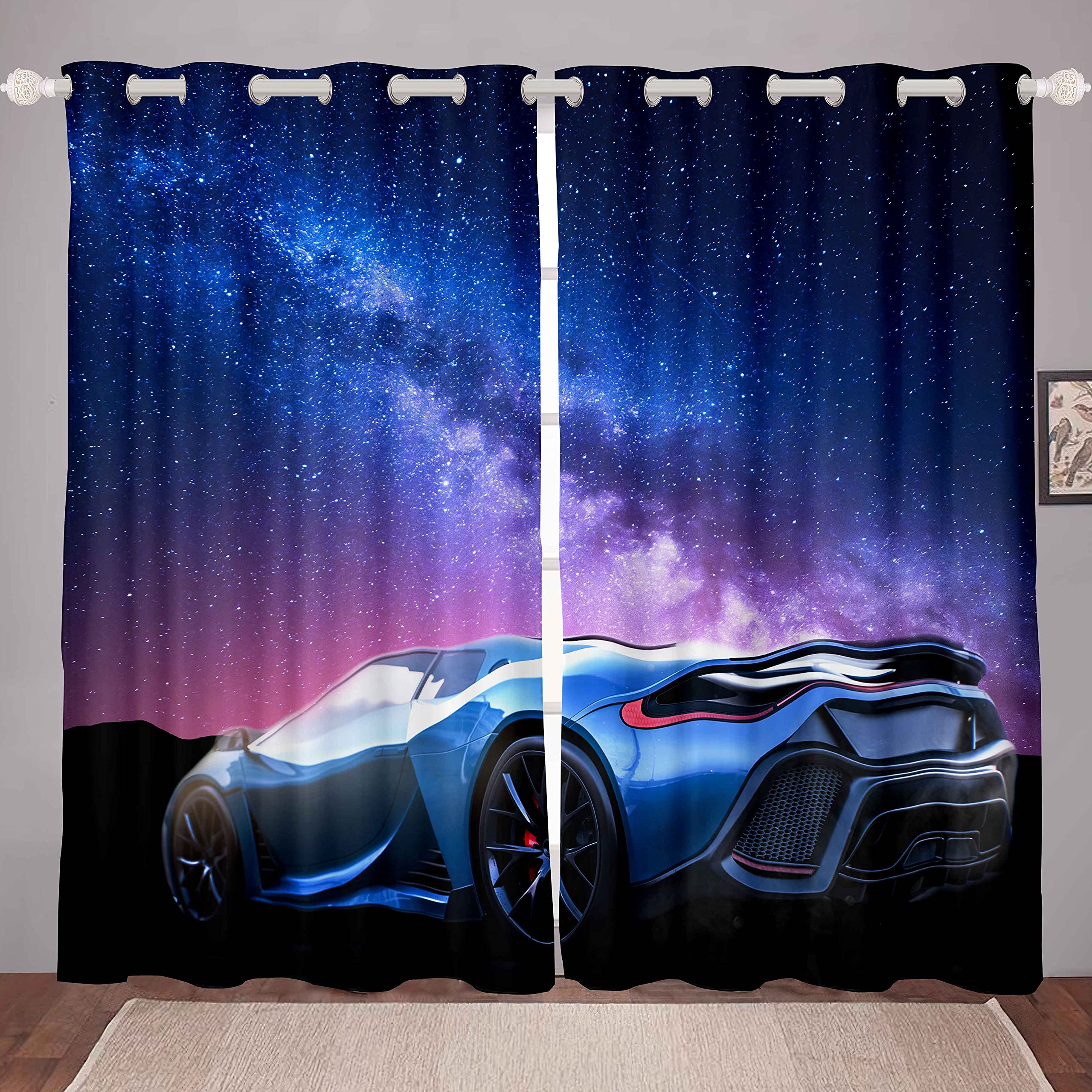Loussiesd Galaxy Car Curtains Blue Race Car Window Curtains for Bedroom Living Room Decor Teens Universe Starry Sky Sports Car Windows Drapes Extreme Sports Theme Window Treatments,W46*L54
