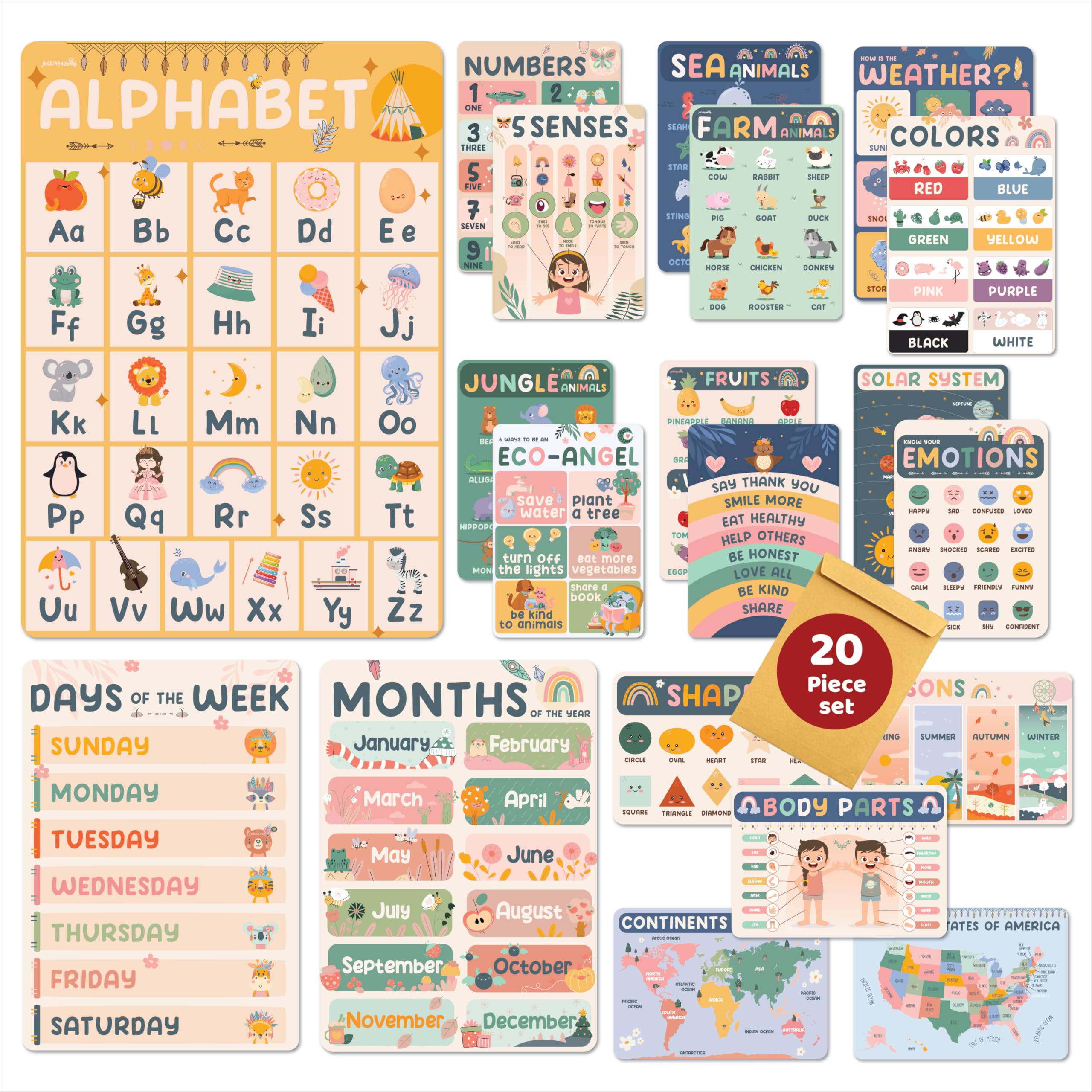 jackinthebox 20 Boho Pre K Educational Posters for Toddlers - 12 x 17 inches Laminated,Homeschool Decorations,Preschool Poster, Learning Posters for Toddlers Age 1-3, ABC,Alphabet,Number, Days Chart.