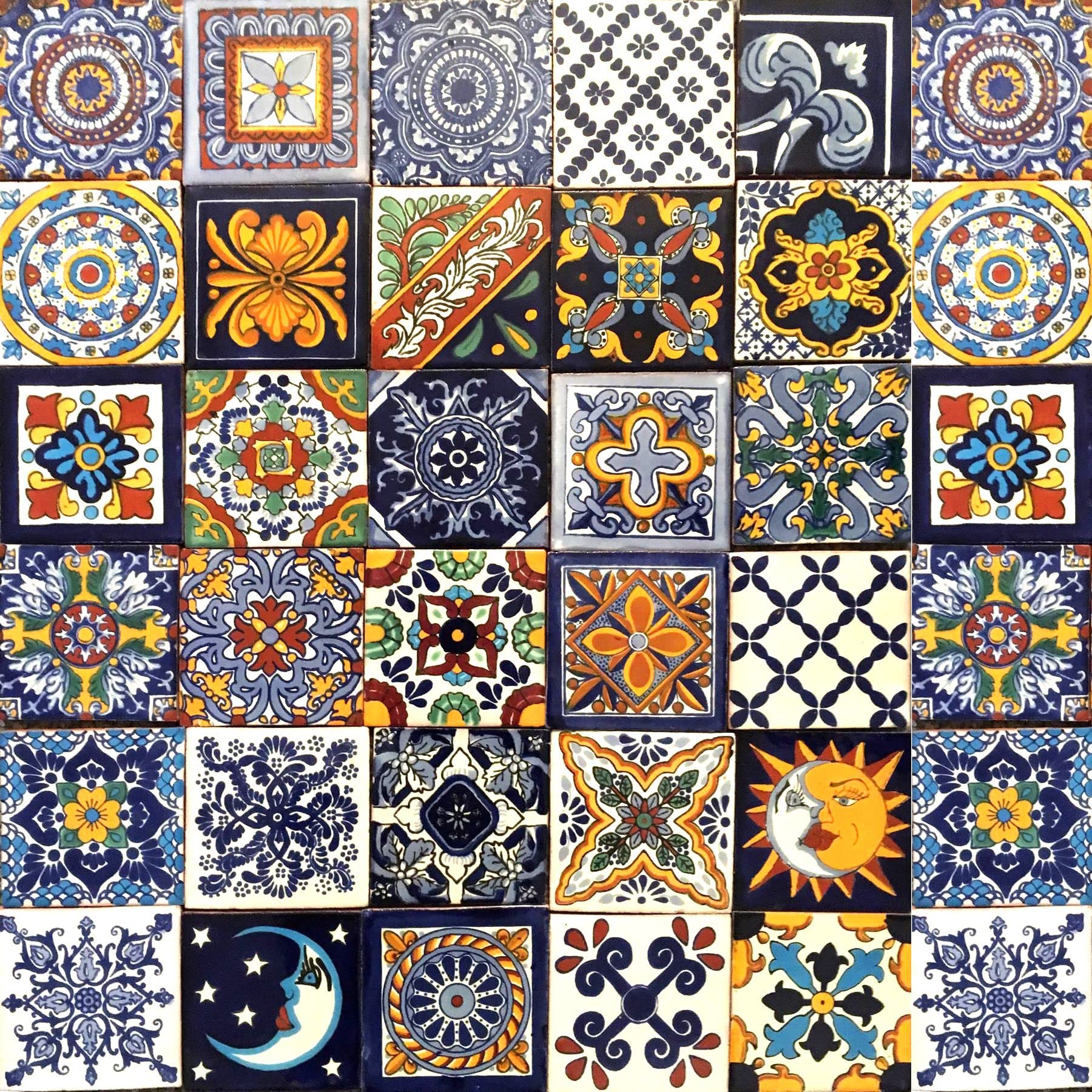 Mexican Ceramic Tiles - Horacio by Cerames - 30 Decorative Mexican Mosaic Tiles for Bathroom, Kitchen, Shower, Stairs, Living Room, Kitchen backsplash | Mexican Tiles backsplash 10,5x10,5 cm