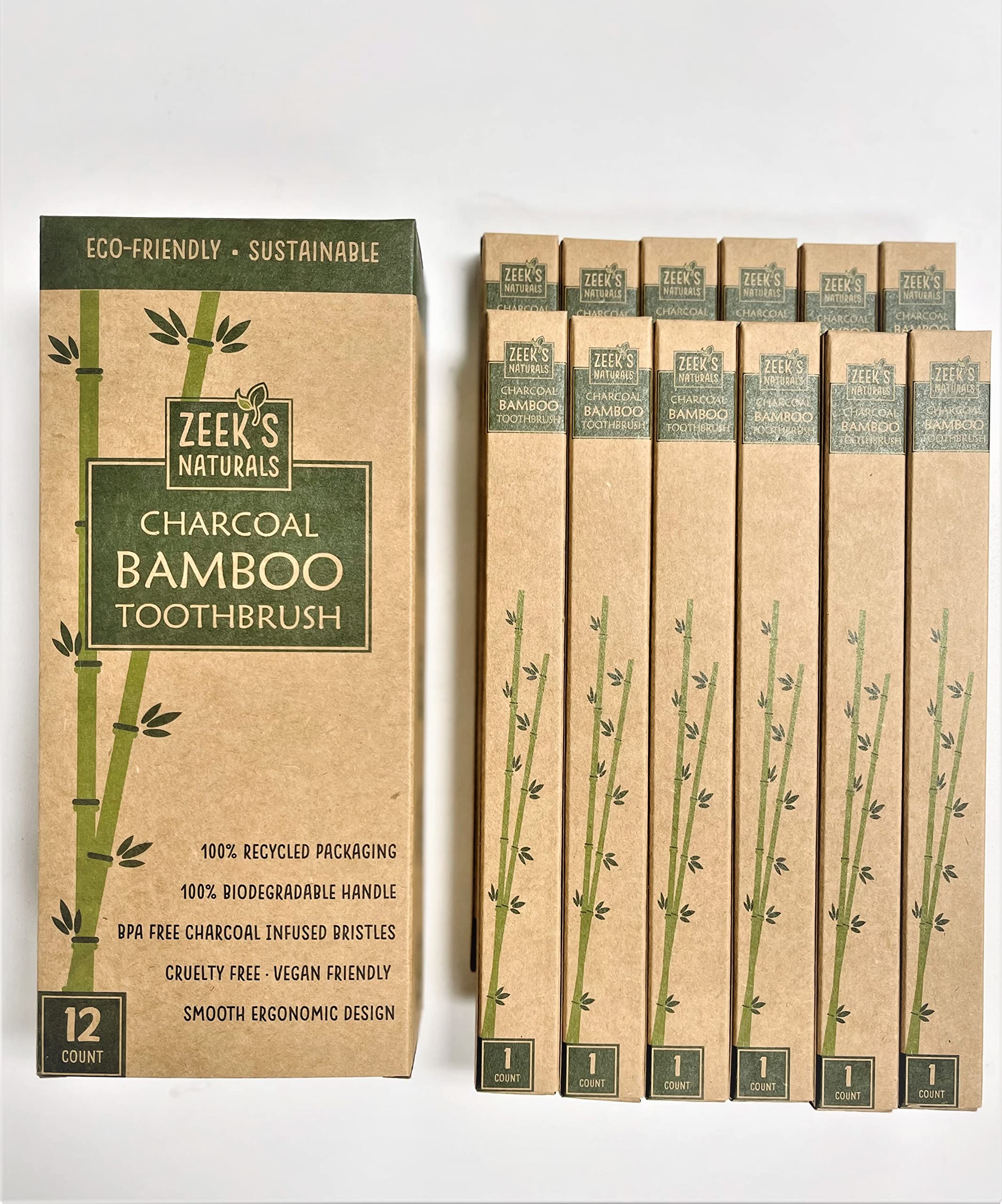 Photo 1 of Zeek's Naturals LLC Biodegradable Eco-Friendly Natural Bamboo Charcoal Toothbrushes - Pack of 12 - Numbered - Charcoal Infused Bristles (12)