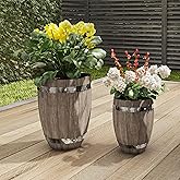 Pure Garden Fiber Clay Planters - 2-Piece Barrel-Shaped Pot Set with Metal Trim, Wood Look, and Drainage Holes for Herbs and 
