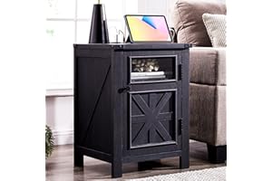 JXQTLINGMU Farmhouse End Table with Charging Station, 18'' Rustic Nightstand with Barn Door & Adjustable Shelf, Wooden Sofa Side Table with 3-Tier Storage for Living Room, Bedroom, Black