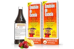 EMULSION DE ESCOCIA Emulsión de Escocia Cod Liver Oil Liquid Supplement with Vitamins A, D, E & B1 - Natural Fish Oil Omega 3 for Kids & Adults - Delicious Strawberry Banana Flavor - 6.5 oz (2-Pack)