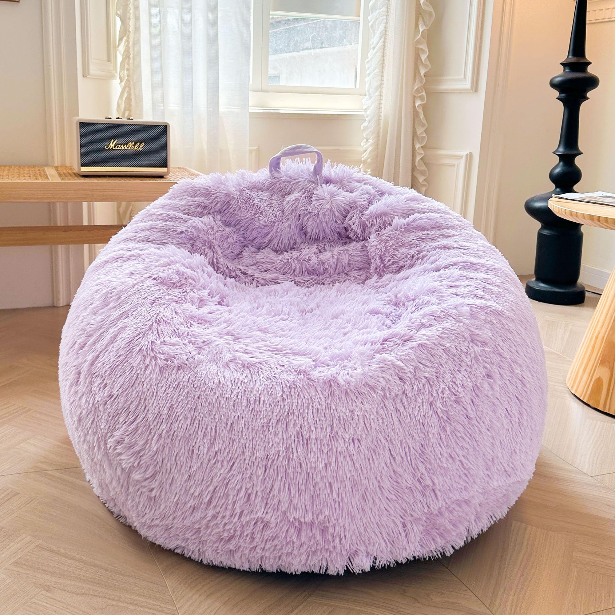 Photo 1 of XeGe Faux Fur Comfy Bean Bag Cover for Living Room, Fluffy Stuffed Animal Storage Bean Bag Chair Cover Light Purple, Furry Fuzzy Gaming Bean Bag Cover for Adults Teens Kids Girls, Anti-Slip, Lavender