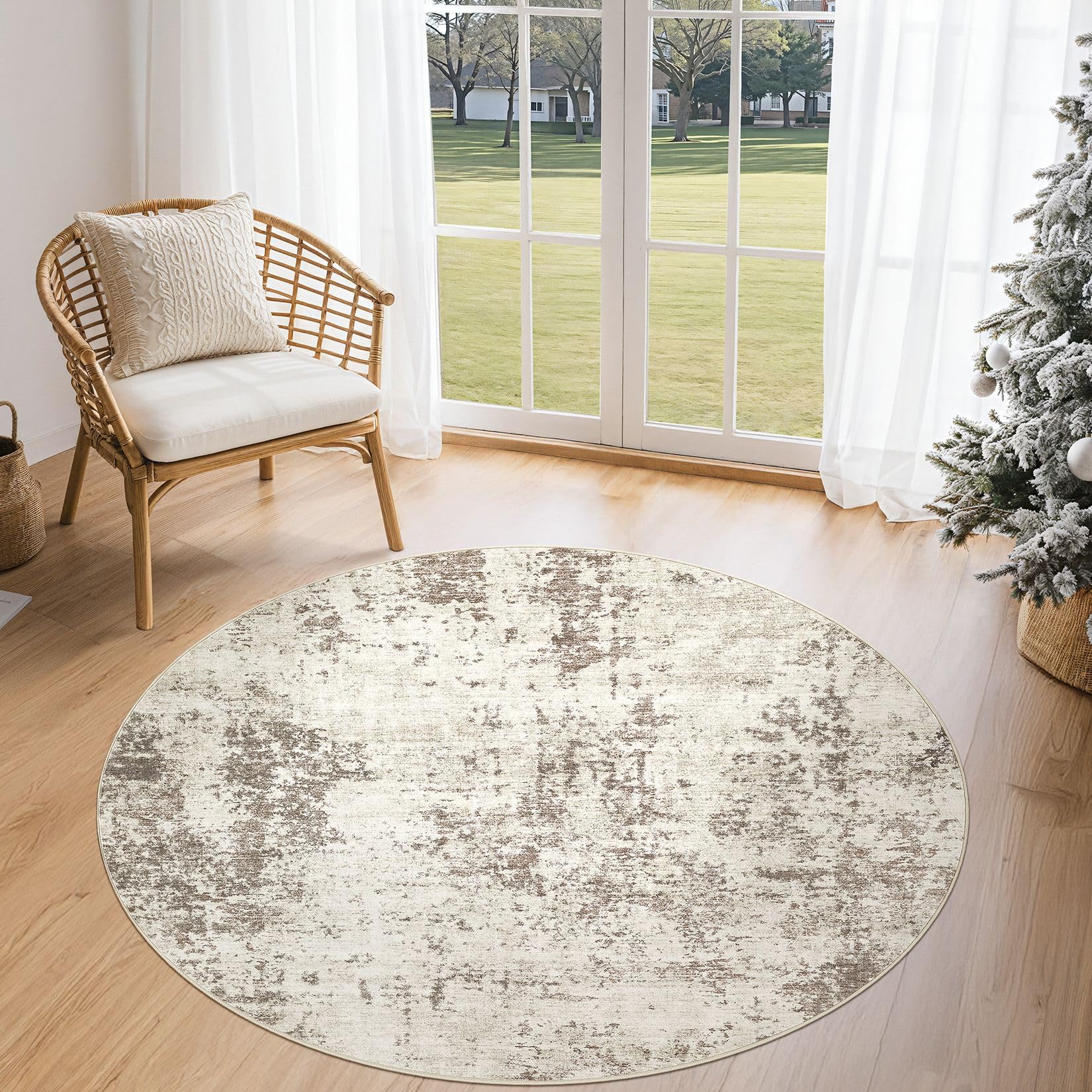 UERMEI 4ft Round Area Rug Living Room Rugs - 4x4 Washable Neutral Modern Abstract Soft Thin Rug Indoor Floor No Slip Rug Carpet for Bedroom Under Dining Table Home Office Decor - Dark Brown Image