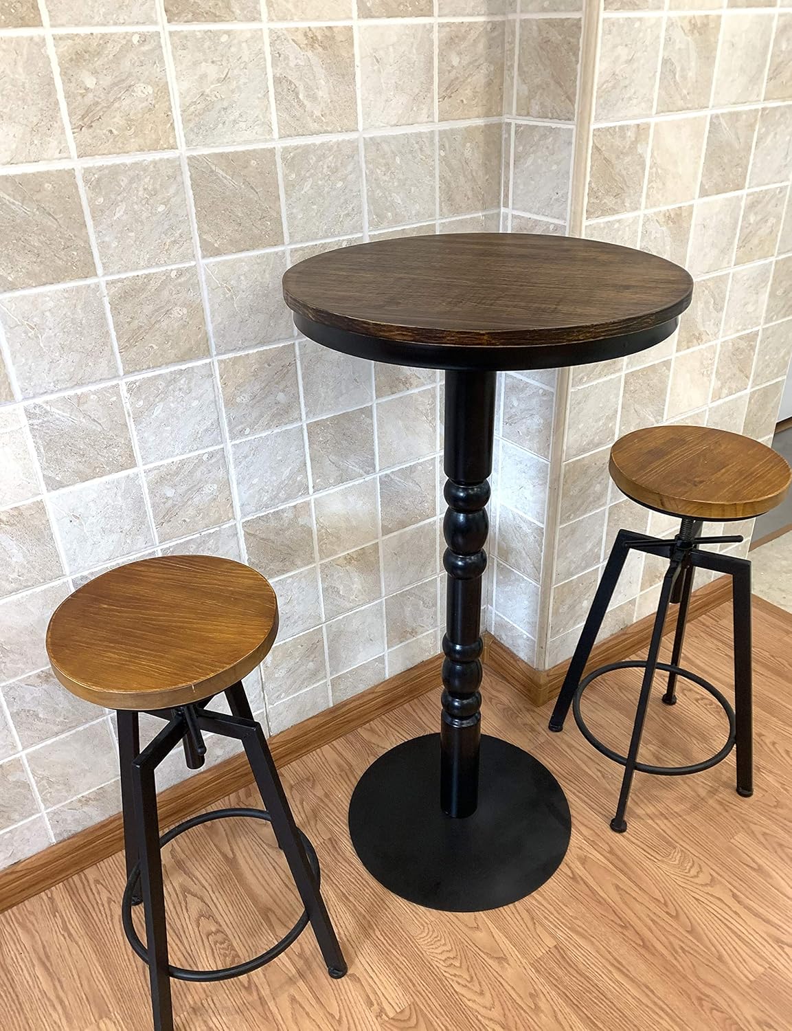 Wood Round Pub Bar Bistro Height Table - Dining Room Entryway Kitchen Accent Coffee Patio Table - Counter Height - Round - Rustic: Kitchen & Dining