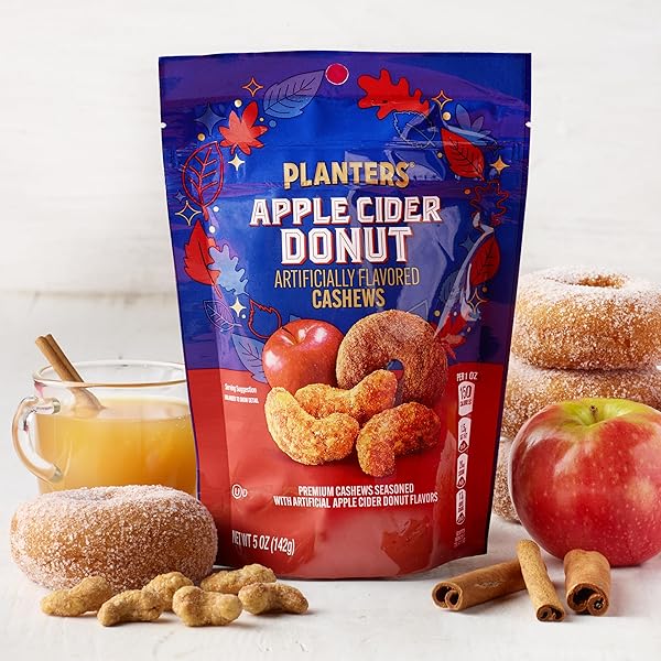 PLANTERS APPLE CIDER DONUT CASHEWS, COOKING & BAKING NUTS & SEEDS, FLAVORED CASHEWS, FALL SNACKS, CASHEW, PARTY SNACK, PLANT-BASED PROTEIN, 5 OZ BAG