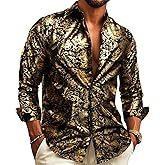Barry.Wang Men's Disco Dress Shirt Long Sleeve Nightclub Mexico Paisley Floral Shirts Metallic Gothic Shiny Button Down Shirt