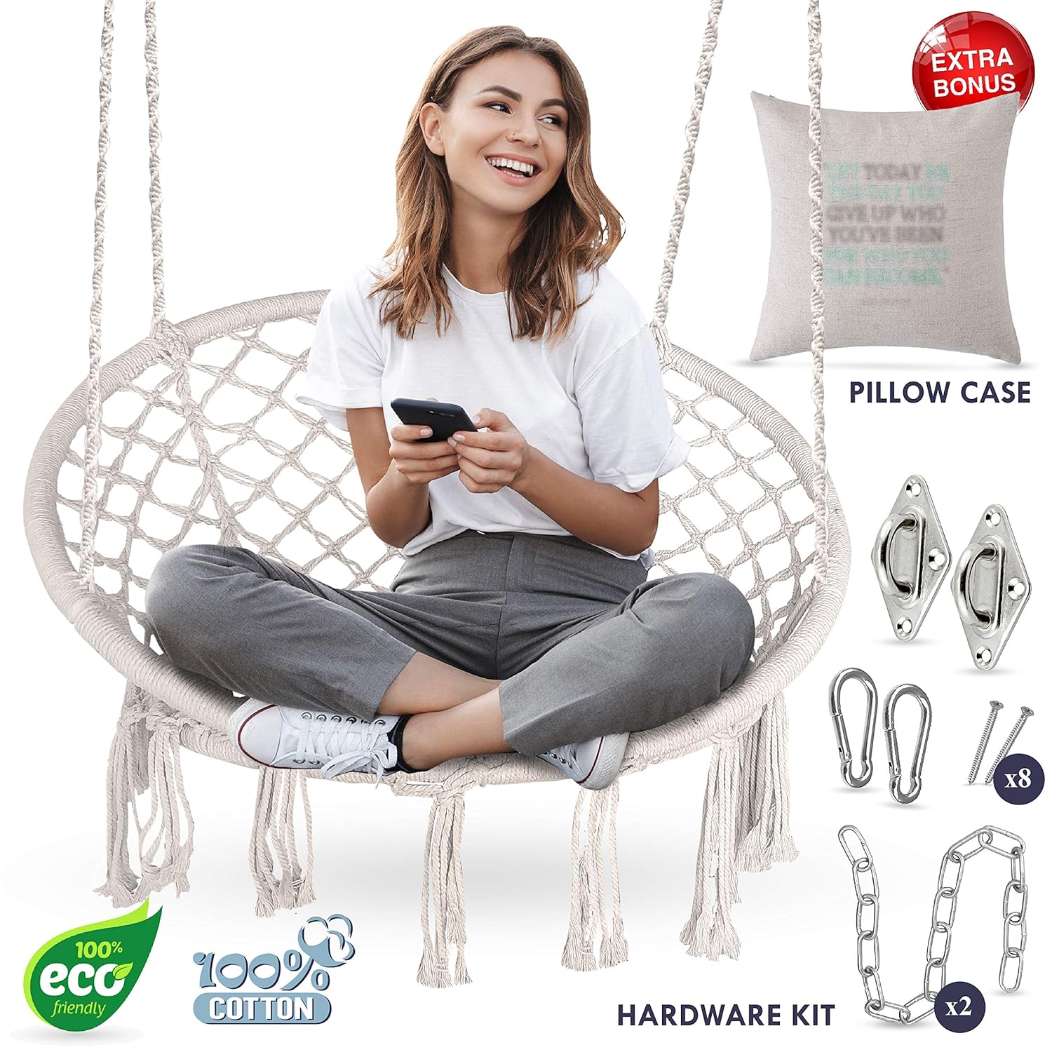 Macrame Chair Swing Hammock W Full Hanging Kit Hanging Chair Handmade 100 Cotton For Comfort And Relaxation Indoor And Outdoor 265 Pound Capacity Beige Bonus Inspirational Pillow Cover Amazon In Home Kitchen