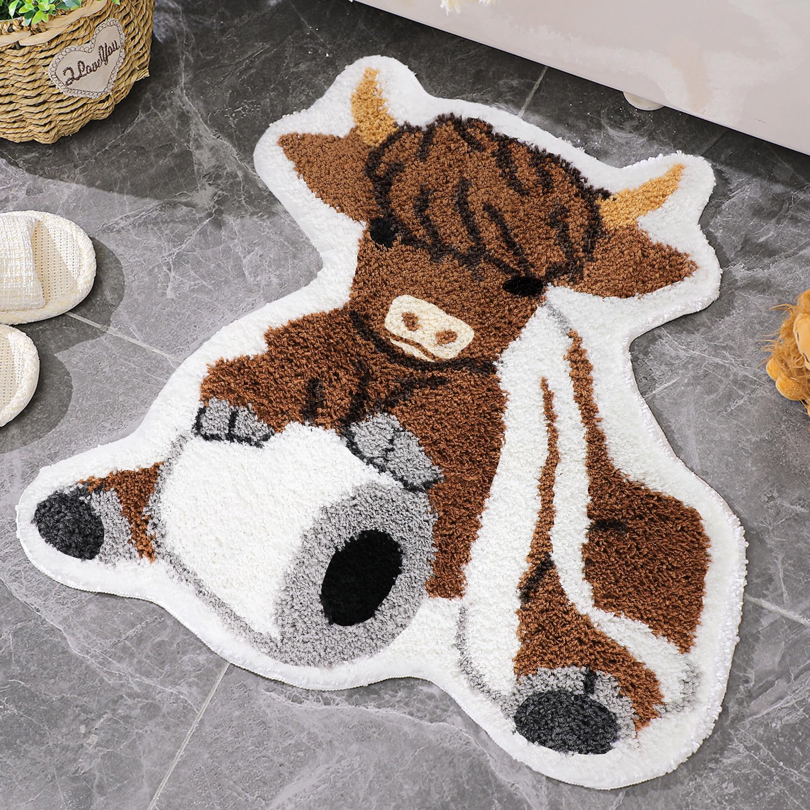 Photo 1 of Drydiet Highland Cow Bathroom Rug Western Cow Print Rug Cute Funny Bath Mat Decorative Western Bathroom Mat Vintage Farmhouse Highland Decor for Entrance Home Kitchen Bedroom, 24 Inch