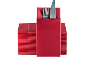 MOYES HOME Red Dinner Napkins Cloth Like with Built-in Flatware Pocket, Linen-Feel Absorbent Disposable Paper Hand Napkins for Kitchen, Bathroom, Parties, Weddings, Dinners or Events, Pack of 50