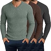 JoyMotion 3 Pack Men's Ribbed V Neck Long Sleeve Shirts, Slim Fit Thermal Sweaters Tops Muscle Athletic Casual Gym Basic Tees