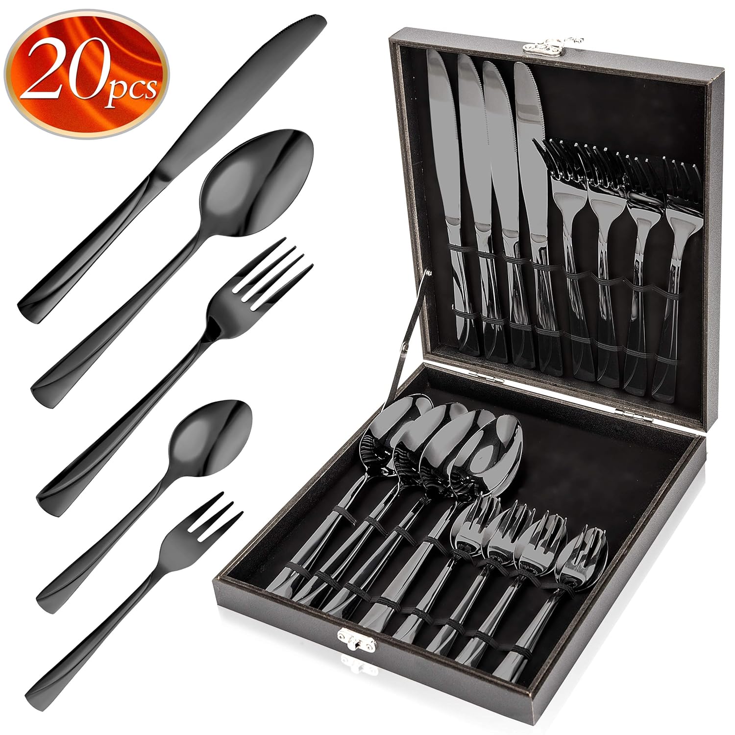 Stainless Steel Black Silverware Set - Kitchen/Forks/Spoons/Cutlery/Dinnerware/Utensils - 20 Piece Kitchen Utensil Set - Dinnerware Set - Unique Eating - Stylish Knife/Fork/Spoon Set - Black Flatware