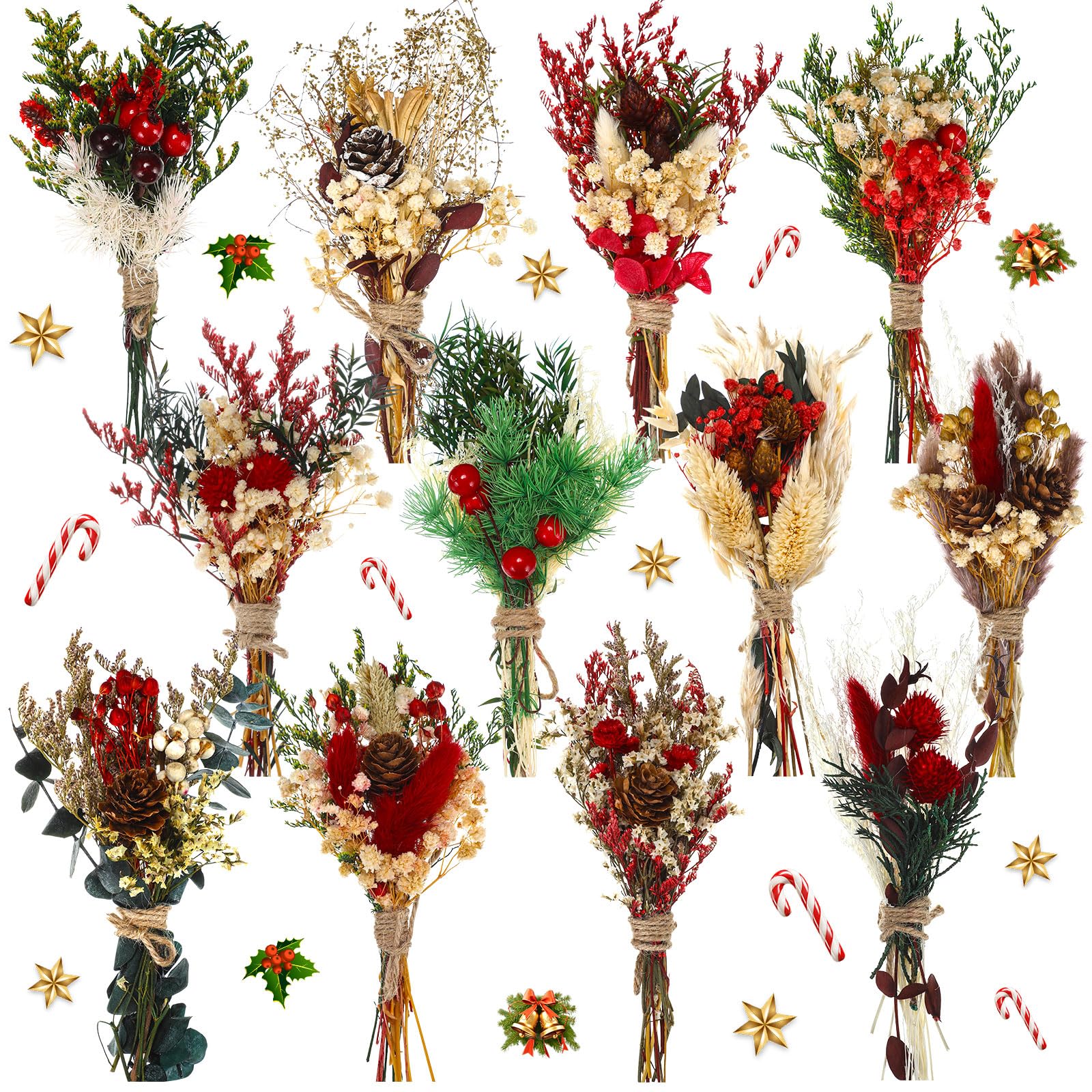 Photo 1 of Layhit 12 Pack Boho Dried Flower Bouquet Mini Wedding Handmade Dry Flowers Decor for Vase Crafts DIY Photo Boutonniere for Men Floral Plant for Bridesmaid Gift Birthday Decor(Christmas)