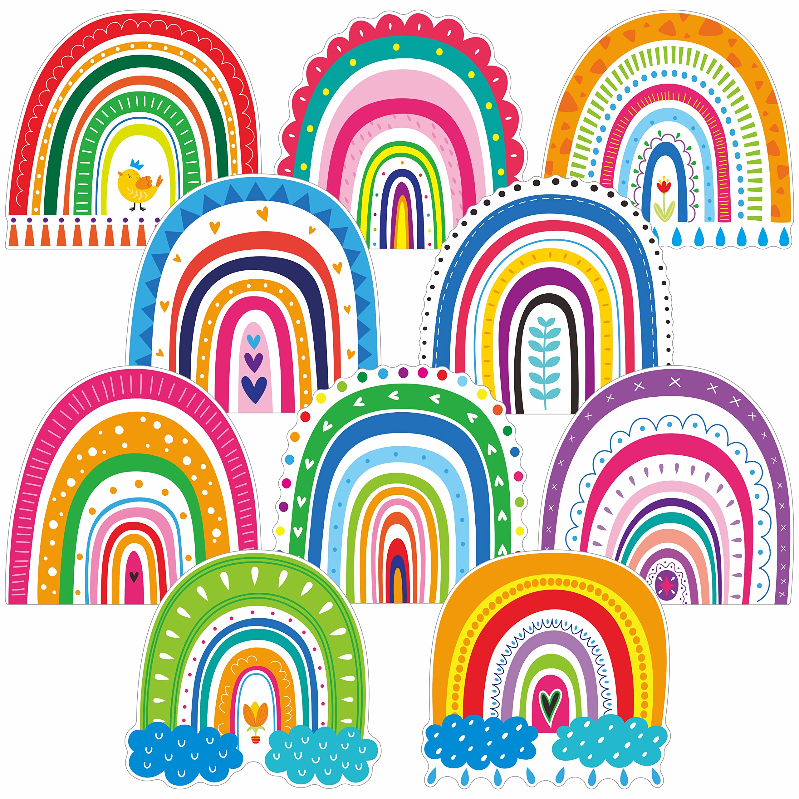 60 PCS Rainbow Cutouts, 10 Designs Colorful Bulletin Board Decoration Erasable with PET Film Cut-outs DIY Crafts Project Spring Summer Party Supplies for White Board Teacher Student (5.9” Each)